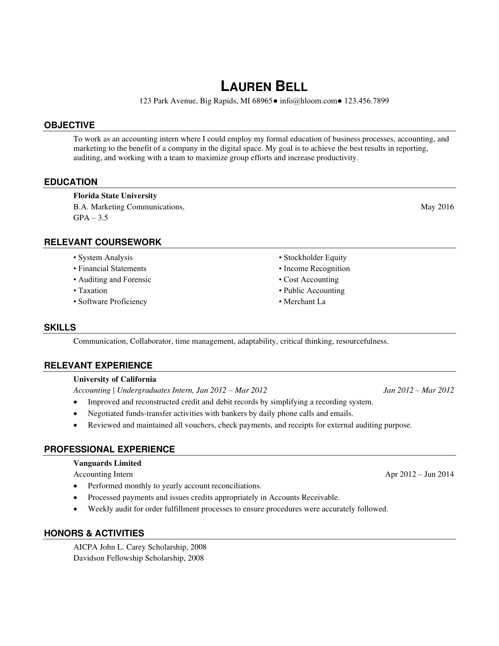 resume templates for internship