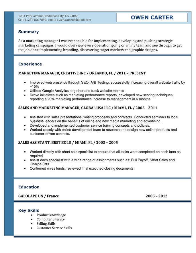 Marketing Manager Resume Format