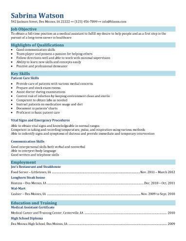 Functional Resume for medical assisting field