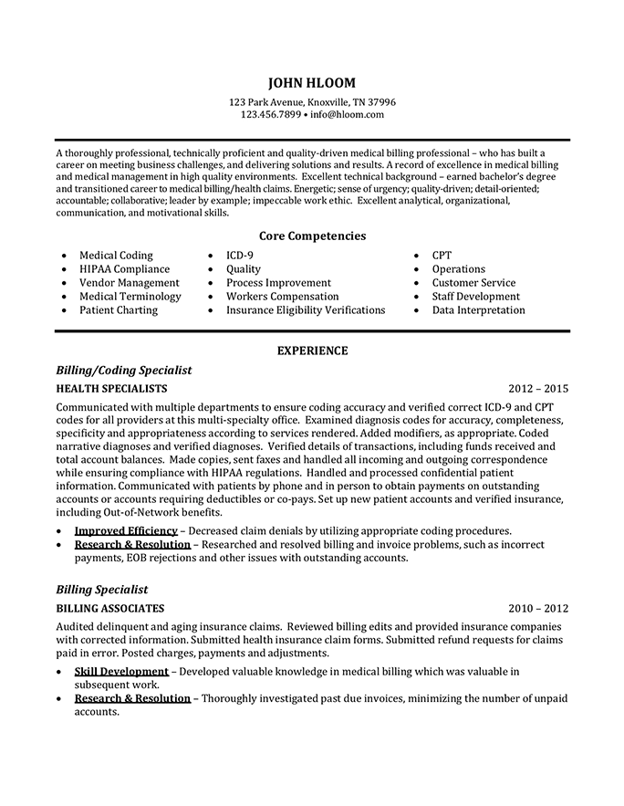 Medical Billing and Coding Specialist resume template