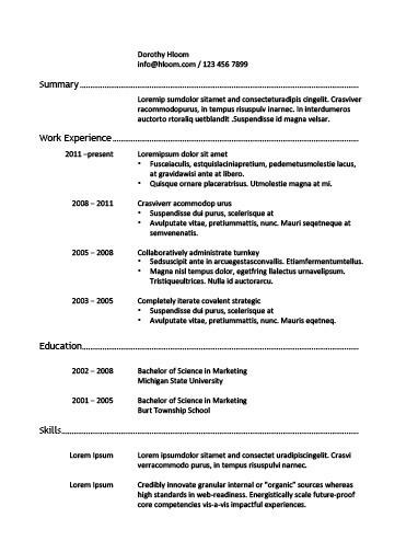 One page Resume Example
