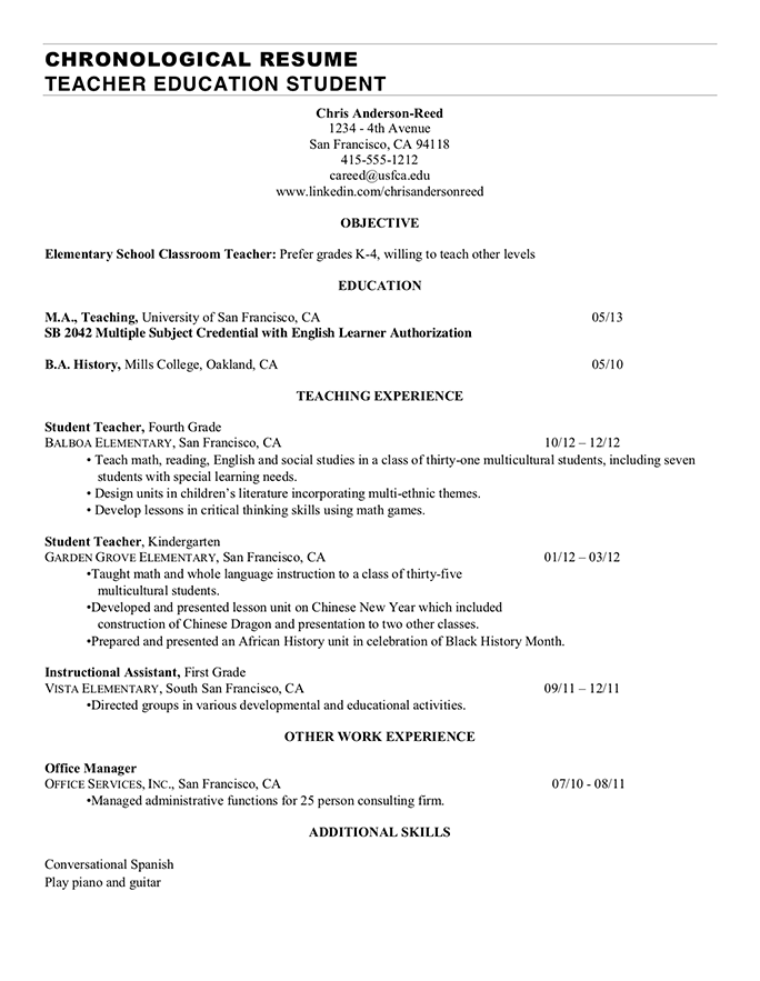 chronological resume for freshers