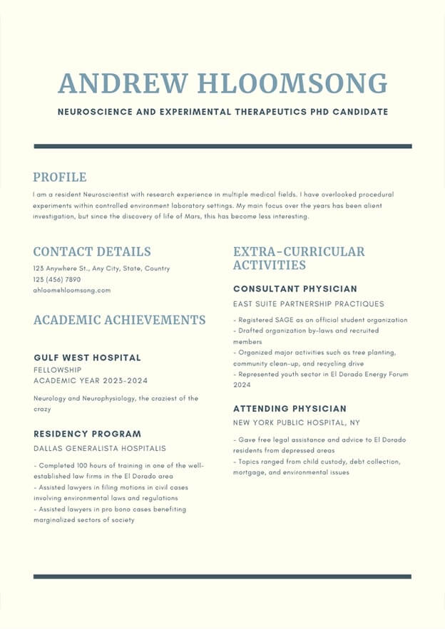 Neuroscience PhD Candidacy CV Example