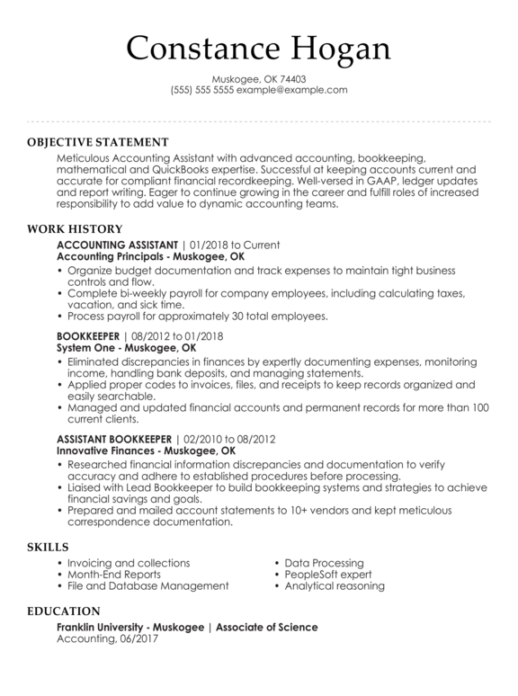 Professional Accounting Assistant Resume Objective Sample