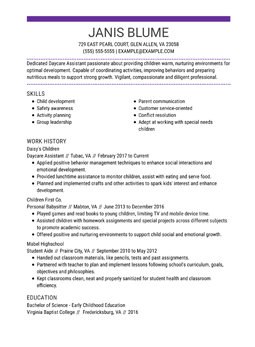 Professional Daycare Assistant Resume Example