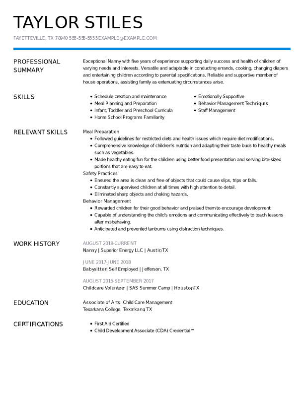 Professional Nanny Functional Resume Example
