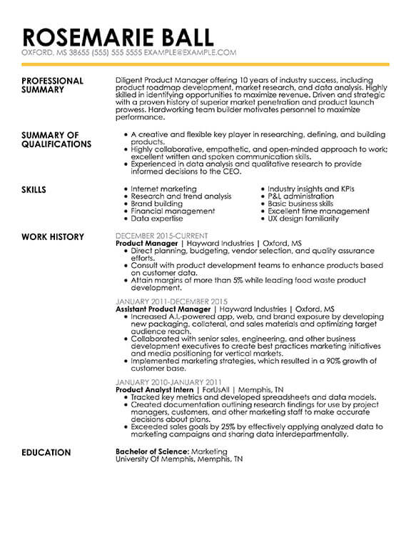 Professional product manager combination resume format