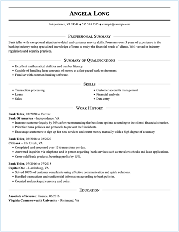 Proffessional bank teller resume sample