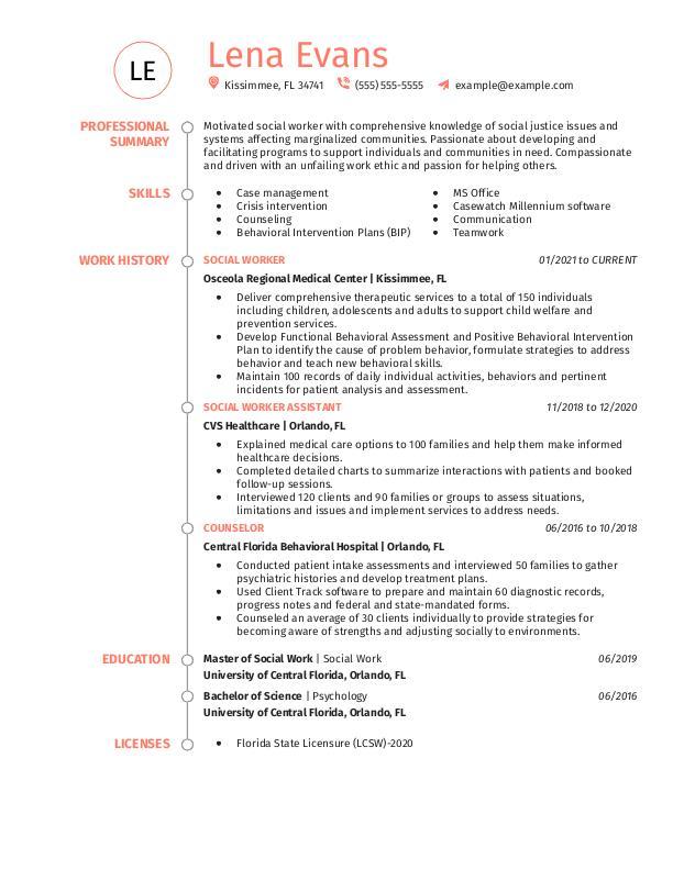 social services worker resume example