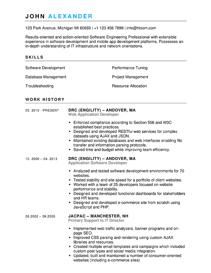 Software Engineer Professional Resume Example