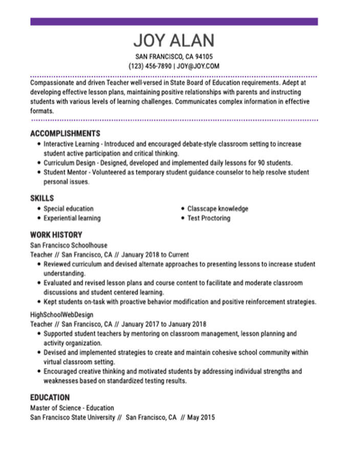 Free Professional Resume Templates - Teacher Resume 