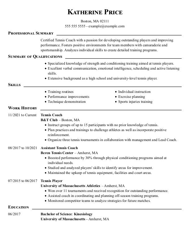 Tennis Coach Free Resume Templates + HowTo Guide