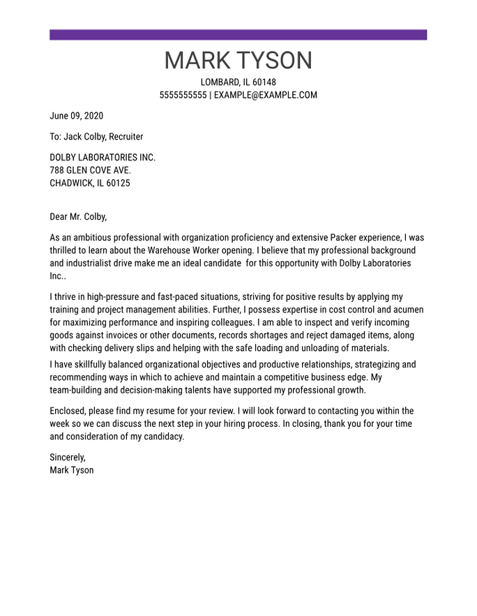 warehouse inventory clerk cover letter sample